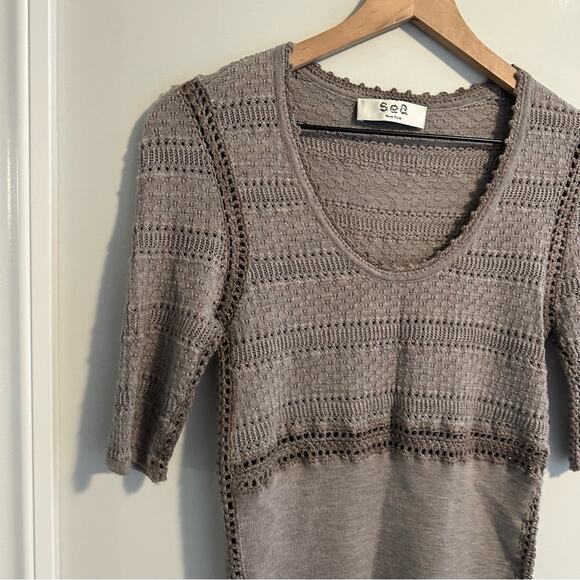 SEA New York Taupe Tan Brown Merino Wool Sweater Knit Top XS - Picture 7 of 11